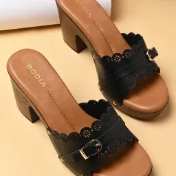 ROCIA By Regal Black Women Laser Cut High Block Sandal Heels-picture-26