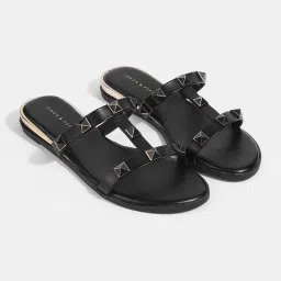 Lemon & Pepper Black Slide Open Toe Flats image 1