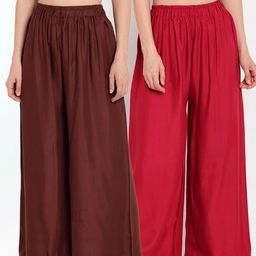 TAG 7 Women Brown & Maroon Set of 2 Flared Ethnic Palazzos-image-72