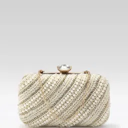 Fabbhue Women's Off-white Hand Embroidery Box Clutch with Detachable Strap-image-22