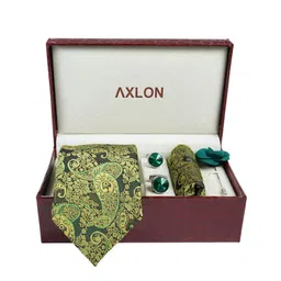 axlon Green Paisley Tie For Men – Formal Ties Set With Pocket Square, Cufflink & Flower Pin With Gift Box For Mens, Silk Fabric Neckties Gift Sets For Men’s (AXRD_87) image 3
