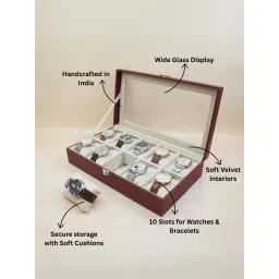 The Big Trove 10 Slot Burgundy Leatherette Watch Organizer Box For Wardrobe Closet image 2