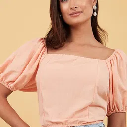 Styli Women Coral Puff Short Sleeves Square Neck Blouse with Back Tie image 5