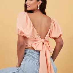 Styli Women Coral Puff Short Sleeves Square Neck Blouse with Back Tie image 2