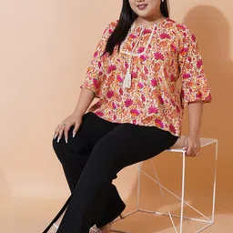 U&F Beyond Plus Size Floral Printed Tie-Up Neck Bell Sleeves Gathered Top image 3