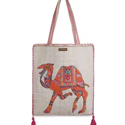 MASQ Off White Printed Structured Tote Bag image 2