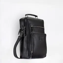 Picco Massimo Unisex Black Solid Leather Laptop Messenger Bag image 3