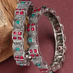 ANIKAS CREATION Set Of 2 Oxidized Silver-Plated Stones-Studded Bangles image 1