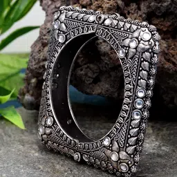 Sanjog Silver-Toned & White Silver-Plated Stone Studded Antique Adjustable Tribal Bangle-picture-41