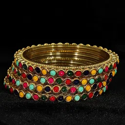 NMII Set Of 4 Zircon Gemstone & Beads Studded Bangles-picture-35