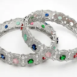 ZENEME Set Of 2 Rhodium-Plated Gemstone Halo Detail Bangles image 2