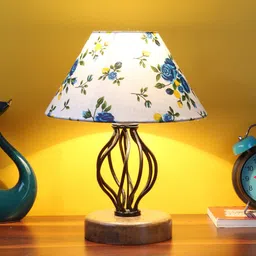 Devansh White & Blue Printed Cotton Table Lamp With Wood & Iron Base-picture-34