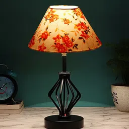 Devansh White & Orange Floral Printed Table Lamp With Iron Base image 4