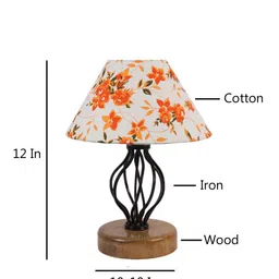 Devansh White & Orange Printed Cotton Table Lamp With Wood & Iron Base image 3