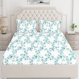 Layers Blue & White Floral Printed Pure Cotton 140 TC King Bedsheet with 2 Pillow Covers-picture-39