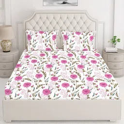 Layers Pink & White Floral Printed Pure Cotton 140 TC King Bedsheet with 2 Pillow Covers-picture-21