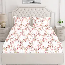 Layers White & Pink Floral Printed Pure Cotton 140 TC King Bedsheet with 2 Pillow Covers-picture-22