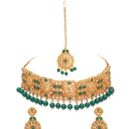 shining jewel - by shivansh Shining Jewel-By Shivansh Gold-Plated Green Kundan Studded & Pearl Beaded Jewellery Set image 1