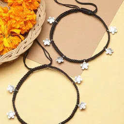 Sanjog Set Of 2 German Silver-Plated Beaded Floral Charm Oxidized Thread Anklet-picture-40