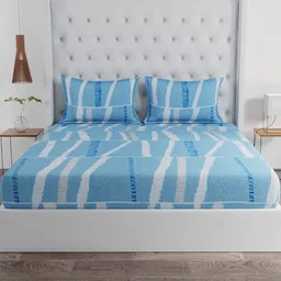 Huesland White & Blue Graphic Cotton 144 TC Double Queen Bedsheet With 2 Pillow Covers image 2