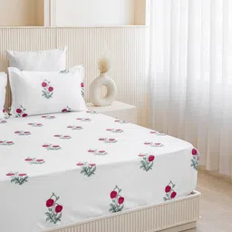 HOMEMONDE Red & White Floral 210 TC Queen Bedsheet with 2 Pillow Covers image 2