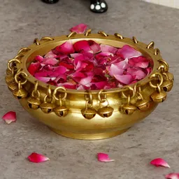 eCraftIndia Gold Toned Handcrafted Brass Designer Urli With Bells image 3