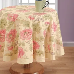 swayam Floral Cream & Pink Cotton Table Cloth image 1