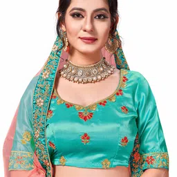 Maroosh Women Embroidered Thread Work Unstitched Lehenga & Blouse With Dupatta image 3