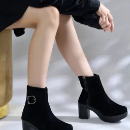 Shoetopia Black Suede Platform Ankle Boots For Women image 1