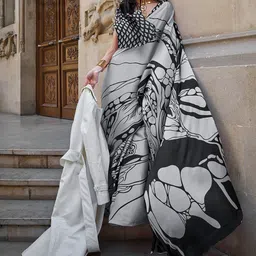Mitera Grey & Black Abstract Printed Block Print Saree image 1