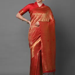 Mitera Red & Gold-Toned Woven Design Silk Blend Banarasi Saree image 1