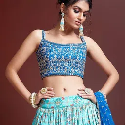 FABPIXEL Blue & Pink Embellished Semi-Stitched Lehenga & Unstitched Blouse With Dupatta image 2