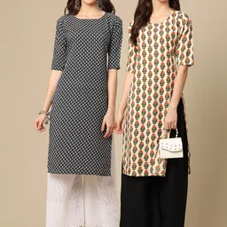 7threads KALINI Women Pack of 2 Black & Beige Ethnic Motifs Printed Crepe Kurta-picture-16