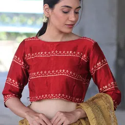 Chidiyaa Red Block-Printed Silk Saree Blouse-picture-44