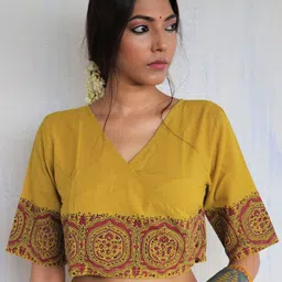 Chidiyaa Women Mustard Printed Cotton Crop Top Blouse-picture-36