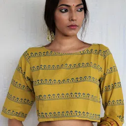 Chidiyaa Women Mustard Yellow & Blue Cotton Saree Blouse-picture-28