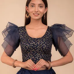 Bindigasm's Advi Foil Printed Frill Sleeves Stretchable Saree Blouse image 5