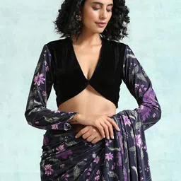 trueBrowns Women Black & Purple Printed Velvet Saree Blouse-picture-23