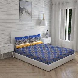 Layers Blue & Yellow Geometric 144 TC Cotton 1 Queen Bedsheet with 2 Pillow Covers-picture-32
