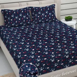 FABINALIV Navy Blue Abstract Woollen King Size Fitted Double Bedsheet With 2 Pillow Covers image 1