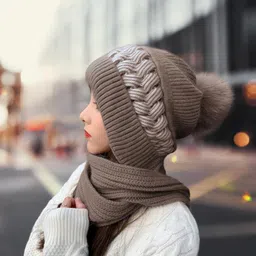topibaaz Women Beanie Hat Knitted Winter Cap with Scarf Muffler Soft Plush Velvet Fur Woolen Snow Proof Pom Pom Cap Neck Warmer image 2