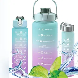 HOUSE OF QUIRK Blue & Purple 3 Pieces Printed Double Wall Vacuum Water Bottle with Straw-picture-41