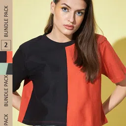 GUTI Pack Of 2 Colourblocked Crop Cotton Boxy Tops-picture-18