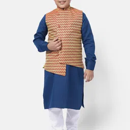 NAMASKAR Boys Maroon & Mustard Yellow Printed Pure Cotton Nehru Jacket image 4