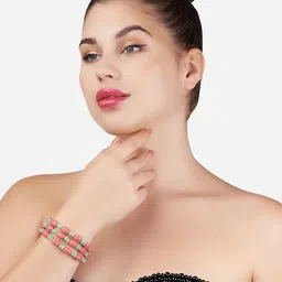 Zaveri Pearls Women Peach-Coloured & Green Gold-Plated Multistrand Bracelet image 4