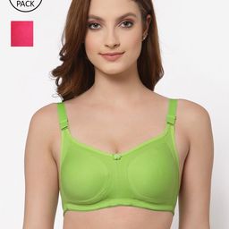 Floret Set Of 2 Lime Green & Pink Non Padded & Non Wired Solid Bra-picture-18