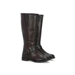 Delize Brown Women Vegan Leather Low Heel Knee Buckle Boots-picture-29