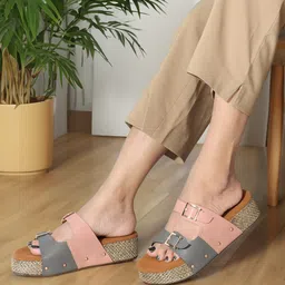 DressBerry Pink & Grey Colourblocked Double Open Toe Flatform Heels With Buckles image 4