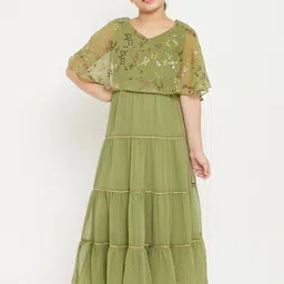 Stylo Bug Girls Green & Gold-Toned Printed round Neck Tiered Georgette Maxi Dress-picture-58