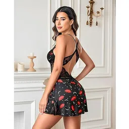 fihana Sheer Lace Babydoll Lingerie | Red and Black Print Nightwear | Plunging Neckline & Adjustable Straps | Sexy Figure-Hugging Sleepwear for Women | Romantic image 3